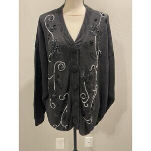 Vintage Victoria Women's 80's Black Beaded Cardigan Size 2X